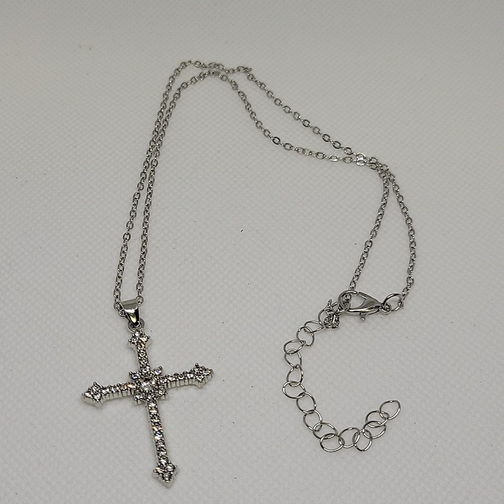 Rhinestone Cross 16" + 2.5" Extension Silver Tone Necklace